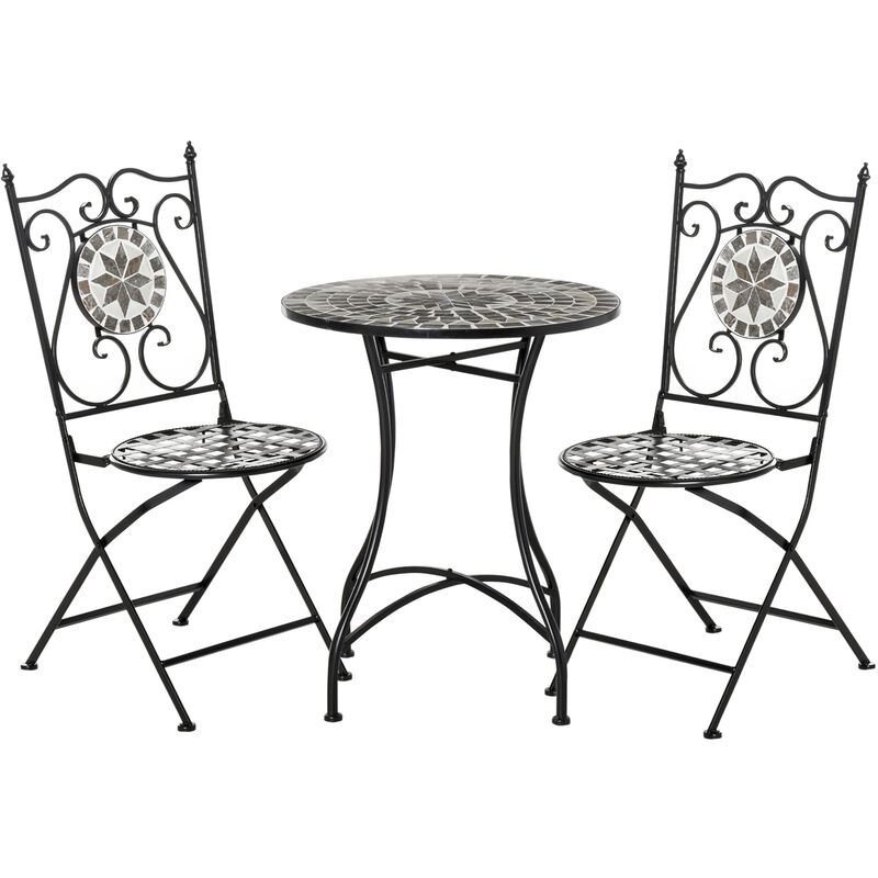 Outsunny Garten Sitzgruppe 3-teilige Mosaiktisch Essgruppe Gartenmöbel-Set Balkonmöbel Set 1 Tisch+2 faltbare Stühle Garten Metall Keramikfliese