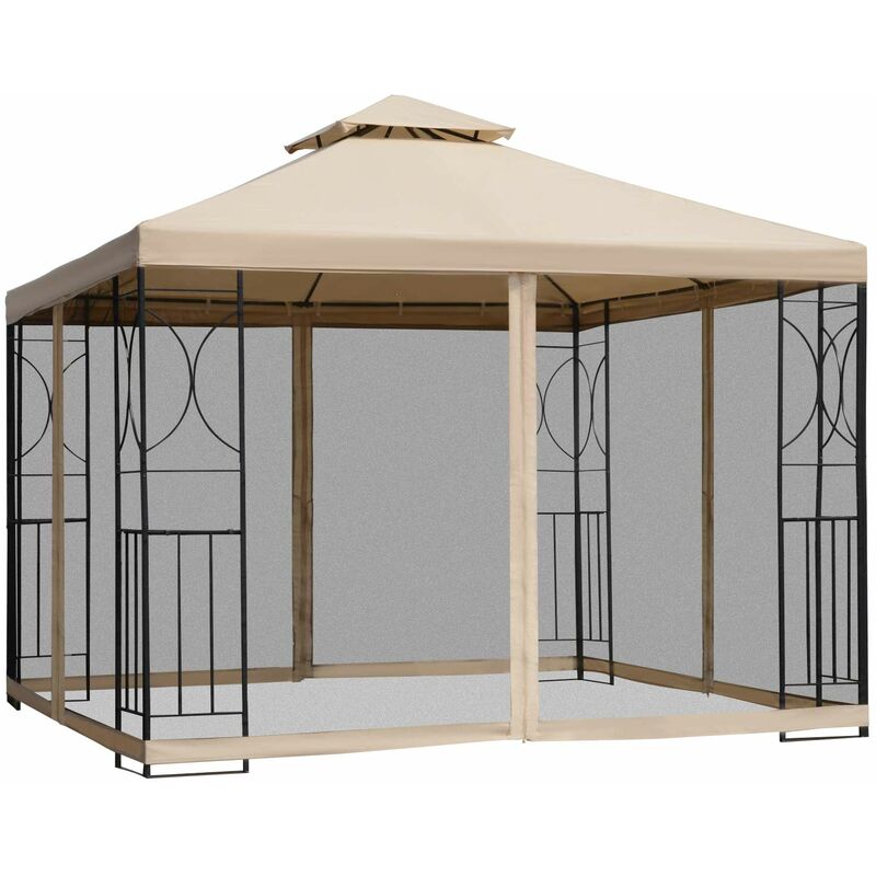 Outsunny Gartenpavillon Pavillon Festzelt Partyzelt wetterfest Zelt mit 4 Ablagen Metall + Polyester Beige 2,98 x 2,98 m
