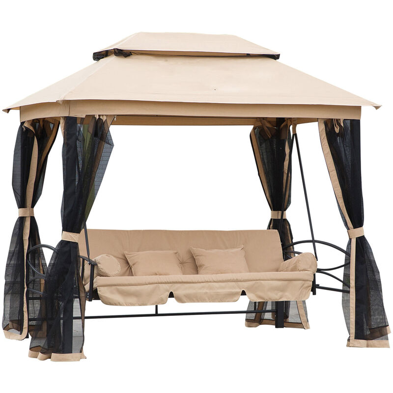 Outsunny Hollywoodschaukel Gartenschaukel Schaukel mit Seitenwänden 3-Sitzer Beige 256 x 172 x 248 cm
