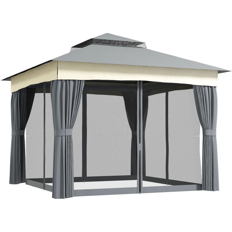 Outsunny Pavillon mit Doppeldach, 3x3 m Wasserabweisend Stabil Winterfest Gartenpavillon mit Moskitonetz, Seitenteile, Garten-Pavillon aus Metall,
