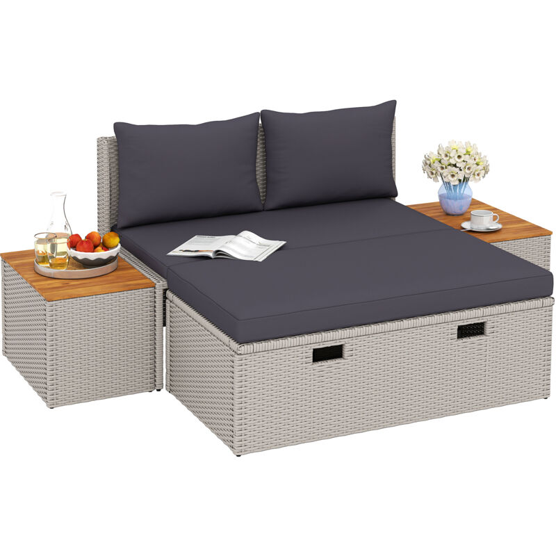 Polyrattan Sonnenliege für 2 Personen Doppelliege mit Fußhocker Stauraum Schirmloch wetterfest Gartenliege 320kg Belastbar Gartenmöbel Liegestuhl