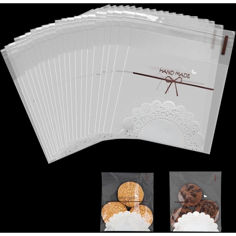 Packung mit 100 kleinen, handgefertigten Zellophantüten, wiederverschließbar, transparent, selbstklebend, für Kekse, Süßigkeiten, Schmuck, Geschenke