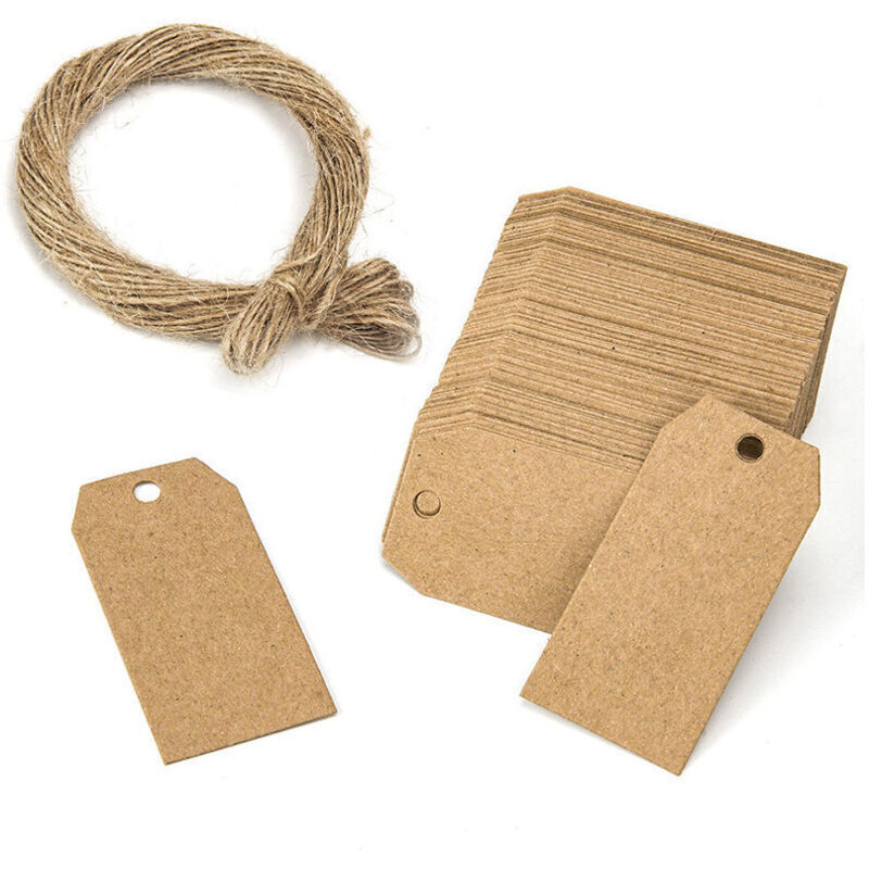Packung mit 100 Kraftpapier-Anhängern – Hängeanhänger mit 20 Metern Juteschnur für Geschenke, Hochzeiten, Valentinstag – 3 x 5 cm