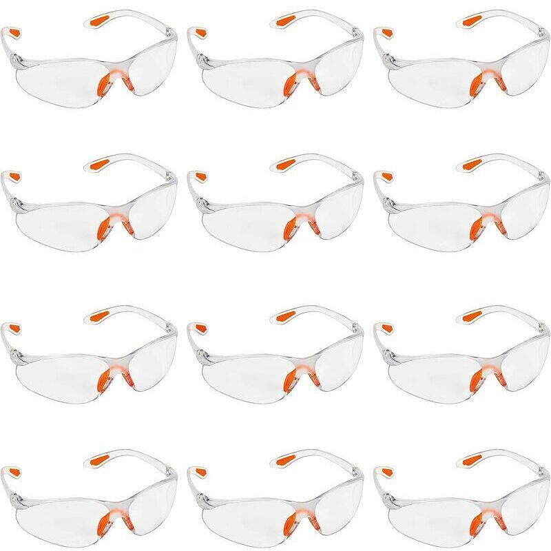 Packung mit 12 transparenten Schutzbrillen – Schutzbrille mit Kunststoffgläsern, Nasensteg und Gummibügelspitzen für Komfort – transparente PSA-Brille