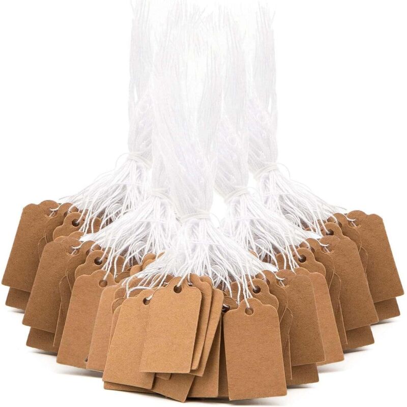 Packung mit 200 Preisschildern aus Kraftpapier – 25 x 15 mm – Handgefertigt – Mit Gummiband – Für Schmuck, Kleidung, Geschenke (braun)