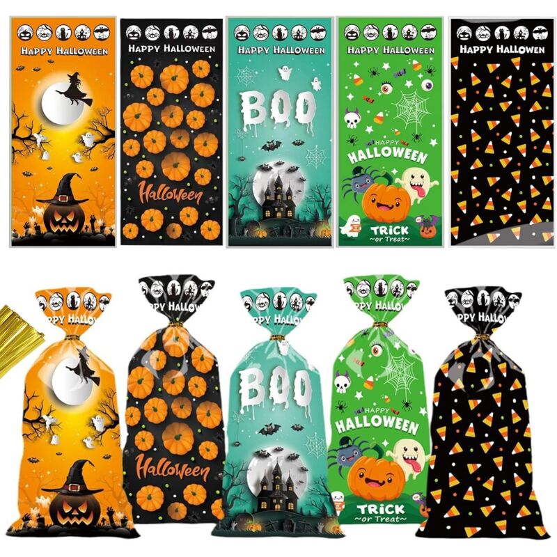 Packung mit 50 Zellophan-Süßigkeitentüten für Halloween, Zellophan-Süßigkeitentüten mit Drehverschluss für Halloween