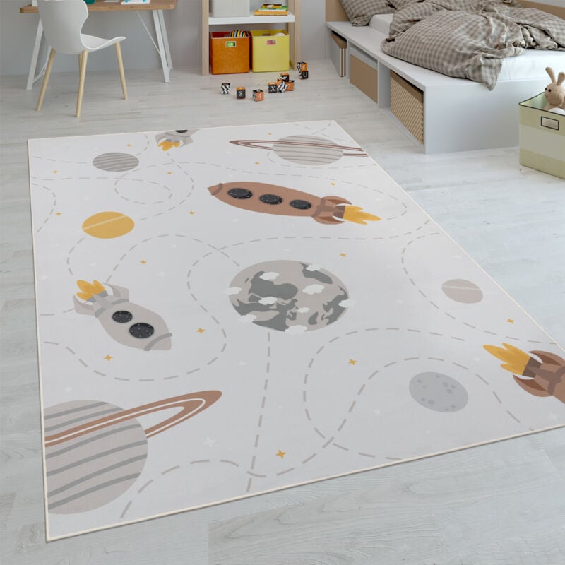 Paco Home - Kinder-Teppiche, Kurzflor-Teppiche für Kinderzimmer mit vers. Designs Spielteppiche Bunt 80x150 cm, Creme 2