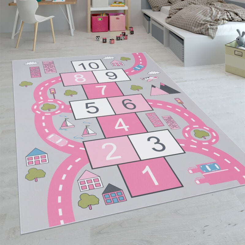 Paco Home Kinder-Teppiche, Kurzflor-Teppiche für Kinderzimmer mit vers. Designs Spielteppiche Bunt 120x160 cm, Pink 2