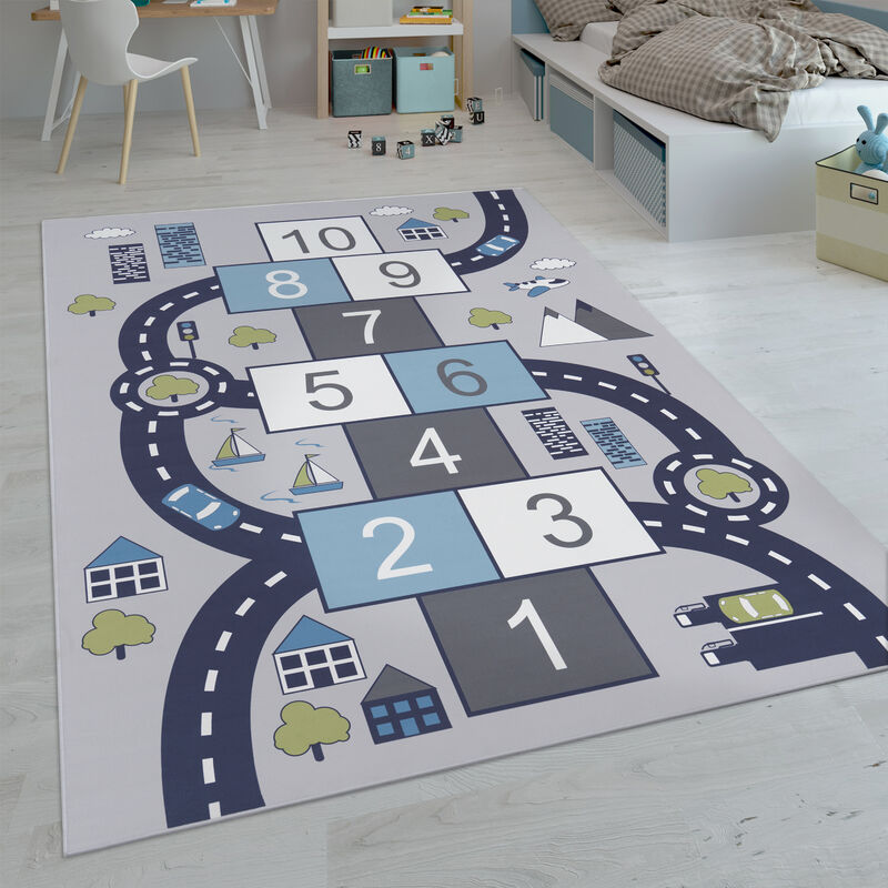 Paco Home - Kinder-Teppiche, Kurzflor-Teppiche für Kinderzimmer mit vers. Designs Spielteppiche Bunt 140x200 cm, Grau