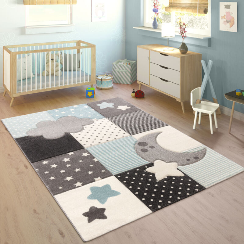 Paco Home Kinderteppich Kinderzimmer Kariert Punkte Wolken Sterne In Pastell Blau Grau 160 cm Rund