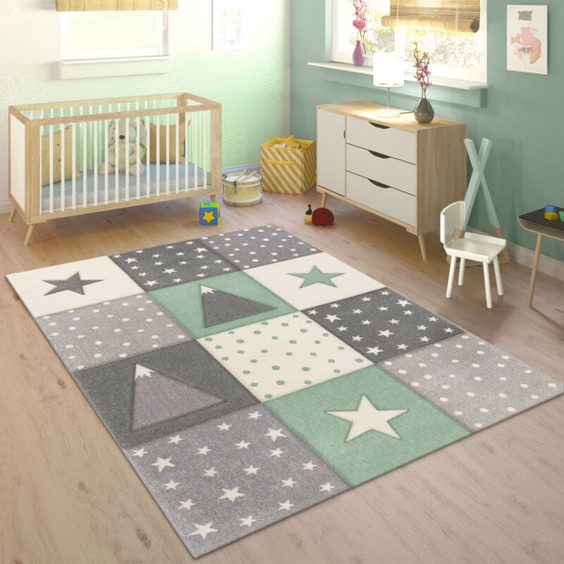 Paco Home Kinderteppich Teppich Kinderzimmer Junge Mädchen Pastell 3D Punkte Sterne Grün 133 cm Quadrat