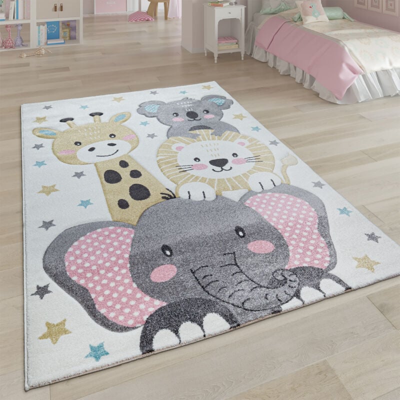 Paco Home Kinderteppich Teppich Kinderzimmer Kurzflor Mädchen Jungs Sterne Tier Creme Grau 200 cm Rund