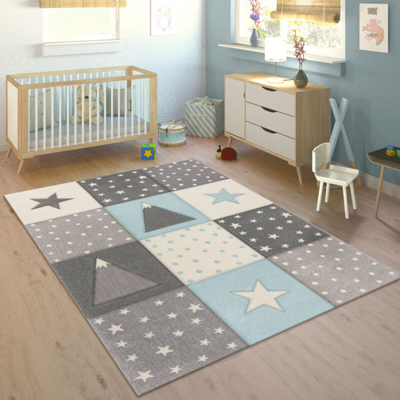 Paco Home - Kinderteppich Teppich Kinderzimmer Pastell Kariert Punkte Mond Sterne Weiß Grau Blau 80x150 cm