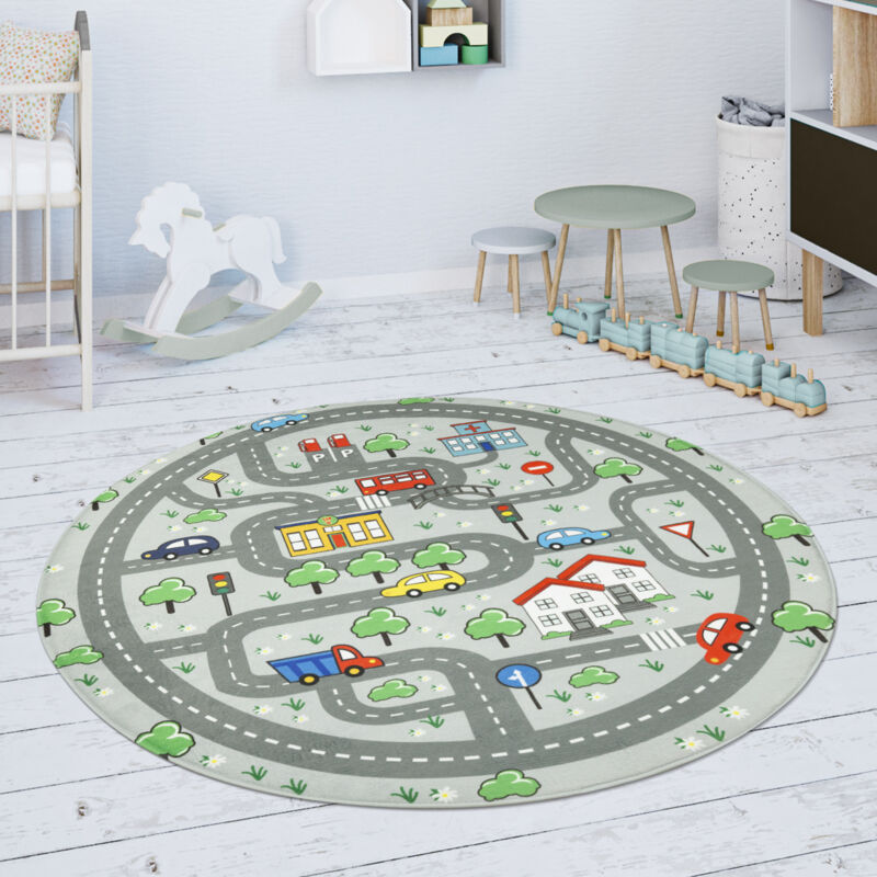 Paco Home - Kinderteppich Teppich Kinderzimmer Spielmatte Spielteppich Rutschfest Grau 150 cm Rund