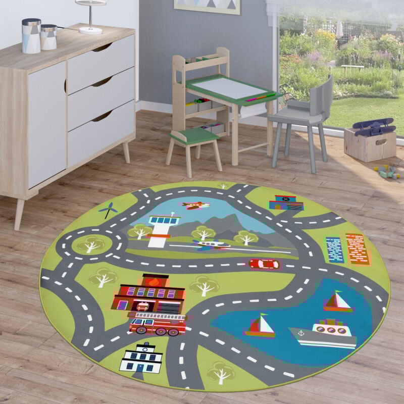 Paco Home Kinderteppich Teppich Rund Kinderzimmer Spielteppich Straßenteppich Modern 160 cm Rund, Grün 2