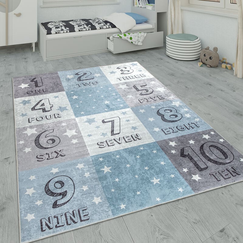 Paco Home Kinderteppich, Kinderzimmer Teppich m. Stern, Mond u. Karo Motiven 180x280 cm, Blau 2