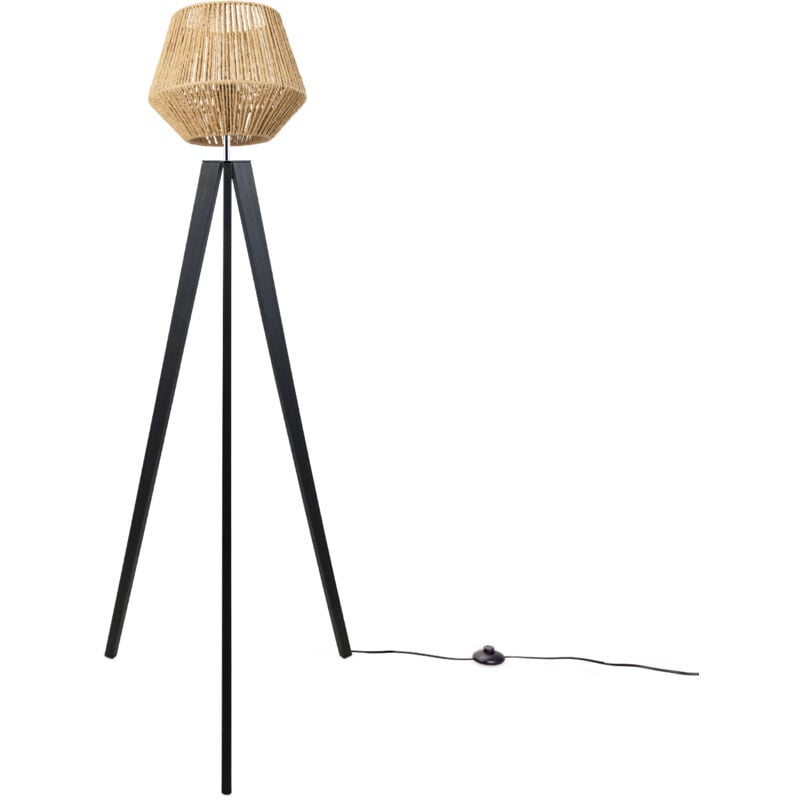 Stehlampe Modern Wohnzimmer Schlafzimmer Rattan Optik Boho Korb Stehleuchte E27 Natur (Ø33 cm), Stehleuchte Schwarz - Paco Home