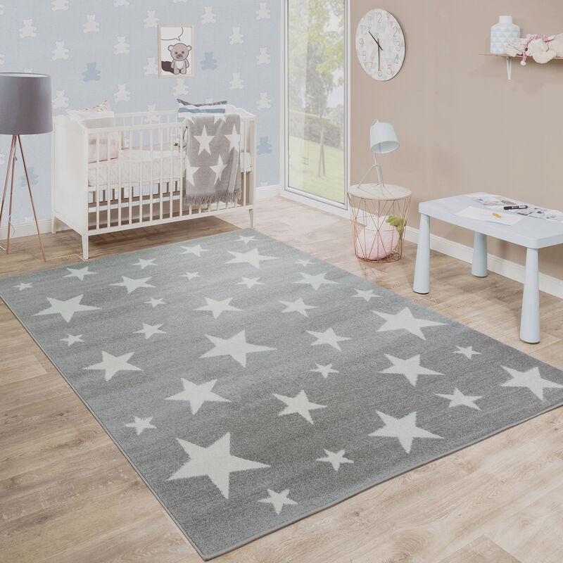 Paco Home Moderner Kurzflor Kinderteppich Sternendesign Kinderzimmer Star Muster Grau Weiß Ø 120 cm Rund