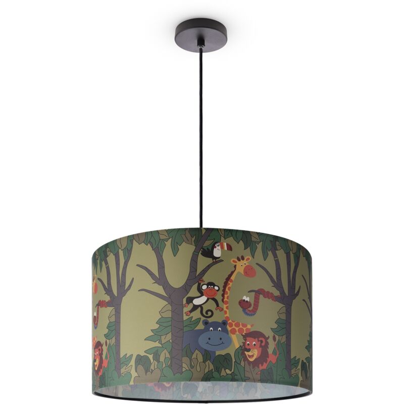 Paco Home - Pendelleuchte Kinderzimmer Deckenlampe Stoff Lampenschirm Rund Dschungel Pendelleuchte - Schwarz, Design 4 (Ø45,5 cm)