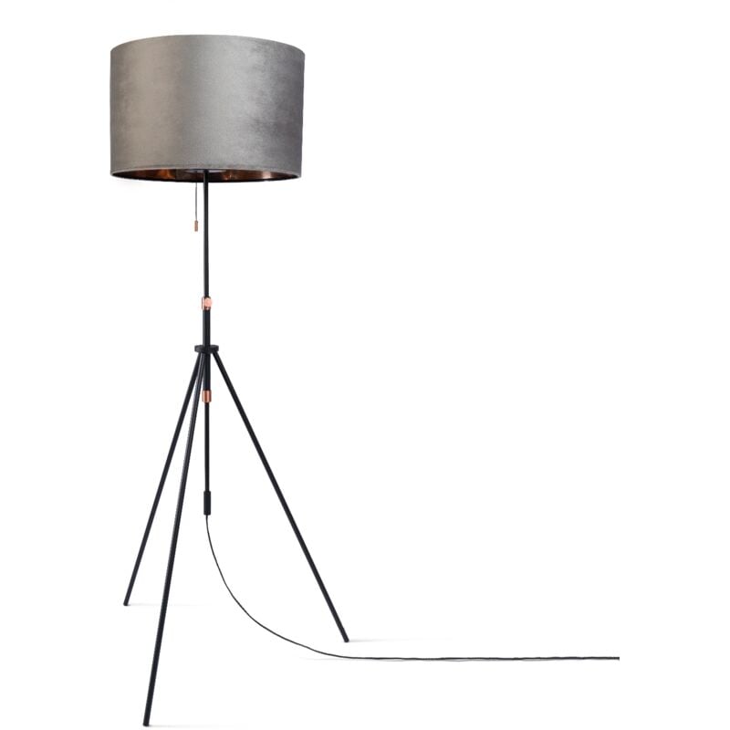 Pendelleuchte Stehleuchte Dreibein Wohnzimmer Lampenschirm Velours Unifarben E27 Grau Kupfer (Ø45.5 cm), Stehleuchte Typ 2 - Schwarz - Paco Home