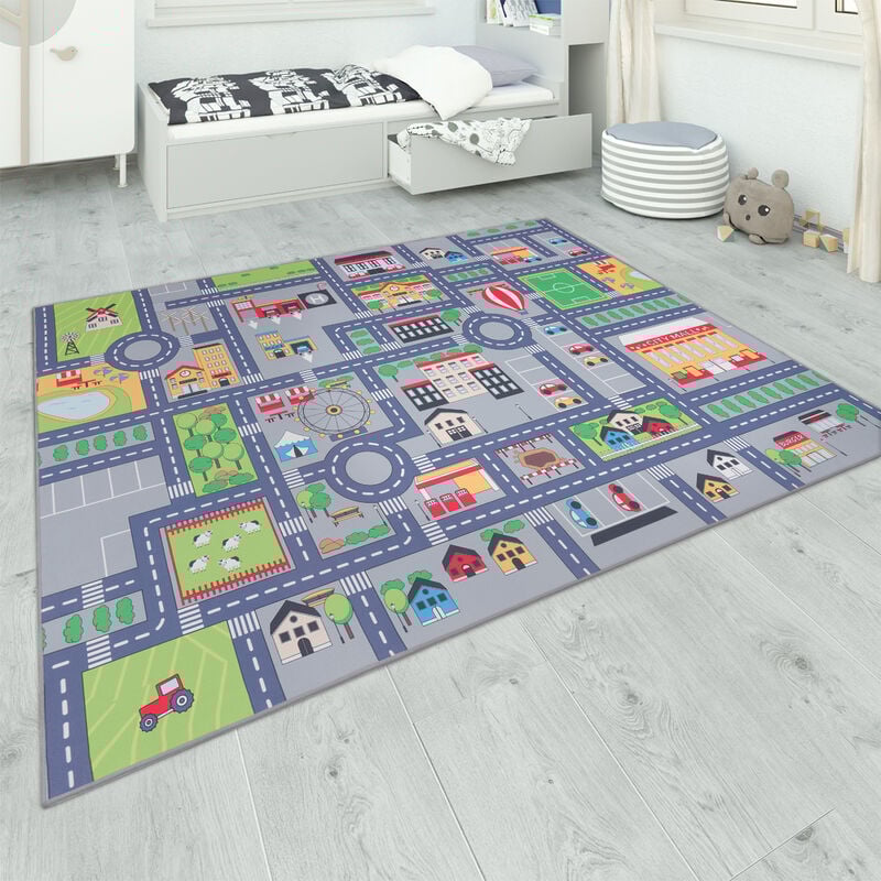 Paco Home Teppich Kinderzimmer Grau Kinderteppich Spielteppich Straßenteppich Mädchen Jungs 200 cm Quadrat, Grau 2