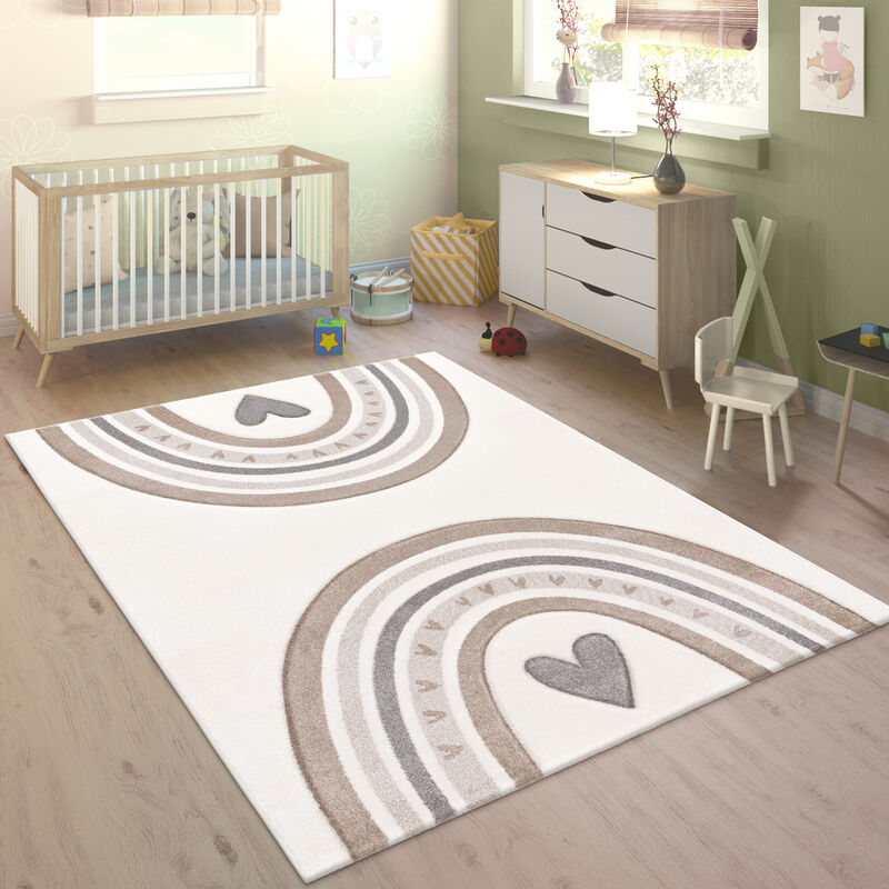 Paco Home - Kinderteppich Teppich Kinderzimmer Junge Mädchen Regenbogen Herz 3D Effekt Beige 240x340 cm