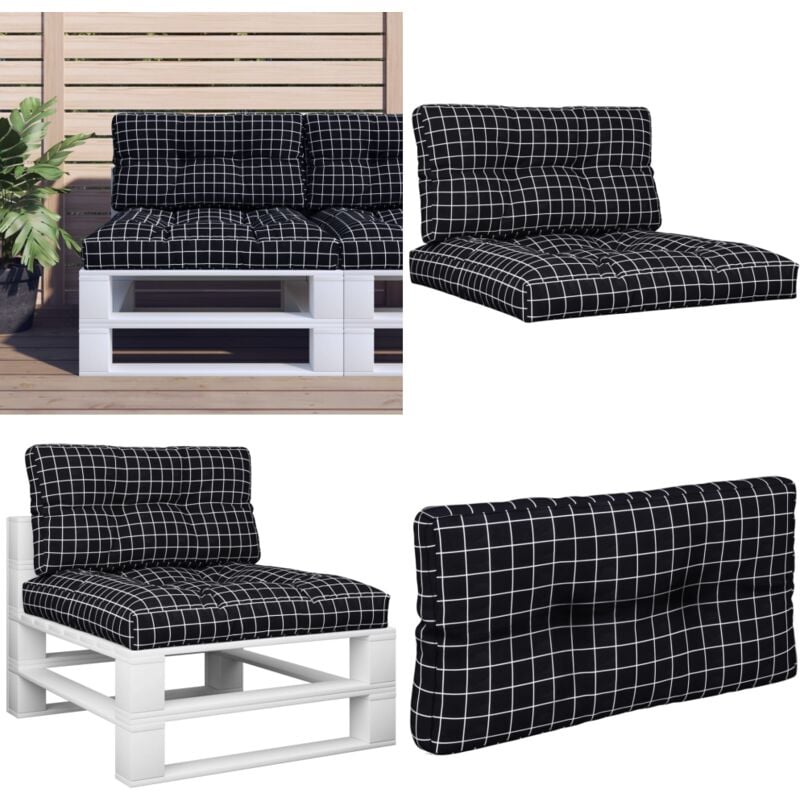 Palettenkissen 2-tlg. Schwarz Karomuster Stoff - Sitzkissen - Gartenkissen - Balkonkissen - Rattan Möbel - Polstersitz - Home & Living