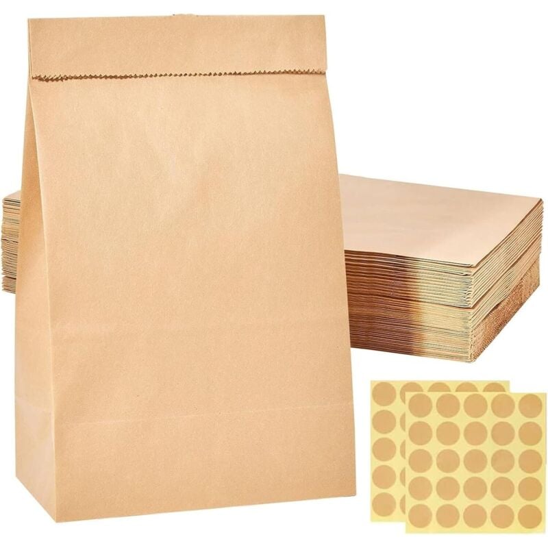 Bluedeer - Papiertüten Braun, 60 Stück 9x18x5.5cmcm Kraftpapiertüten Geschenktüten Klein mit 50 Aufkleber Flachboden Papier Beutel für Süßigkeiten,