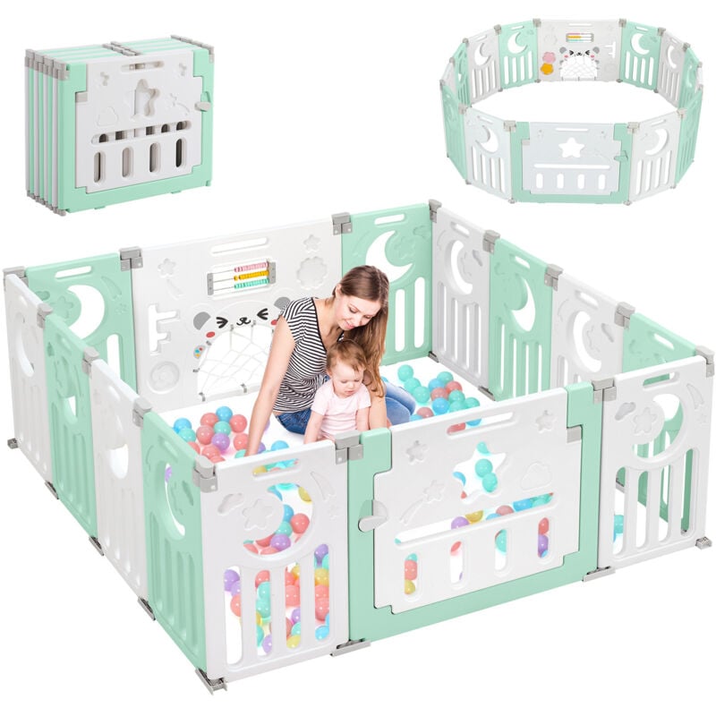 Laufstall aus Kunststoff, 12+2 Paneele für Kinder, zusammenklappbarer Baby- und Kinderschutzzaun, 150 x 150 x 62 cm, Grün