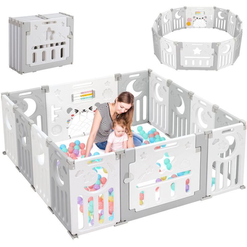 Laufstall aus Kunststoff, 12+2 Paneele für Kinder, faltbarer Baby- und Kinderschutzzaun, 150 x 150 x 62 cm, Grau