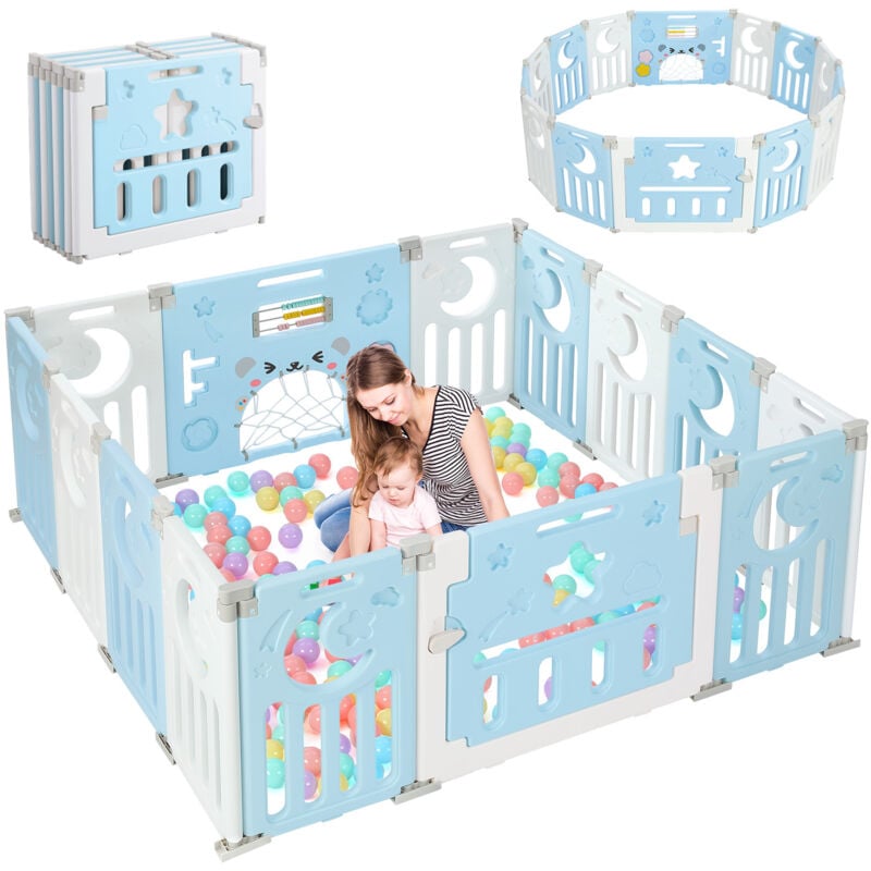 Laufstall aus Kunststoff, 12+2 Paneele für Kinder – zusammenklappbarer Schutzzaun für Babys und Kinder – 150 x 150 x 62 cm – Blau