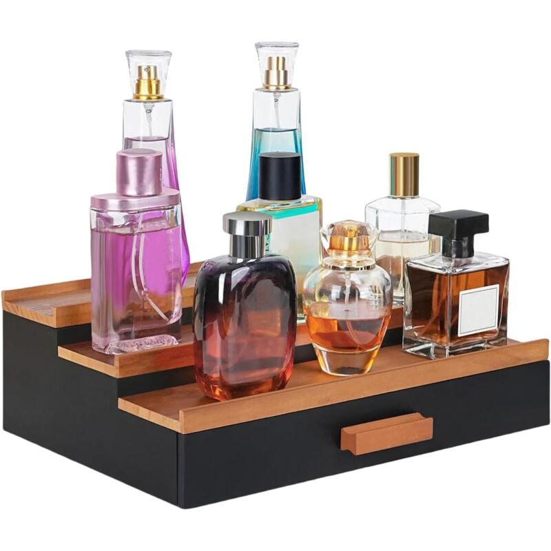 Parfüm-Organizer, Parfümhalter 3-stöckiges Parfüm-Präsentationstablett aus Holz mit Schublade Badezimmer-Organizer und Aufbewahrung für Bart,