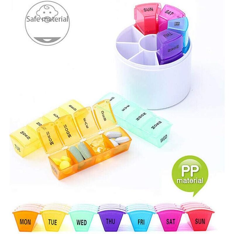 Fitags - Pillendose für 7 Tage (4 pro Tag) – runde Pillendose für die Woche mit kostenlosem Aluminium-Schlüsselanhänger, mehrfarbig, BPA-frei,