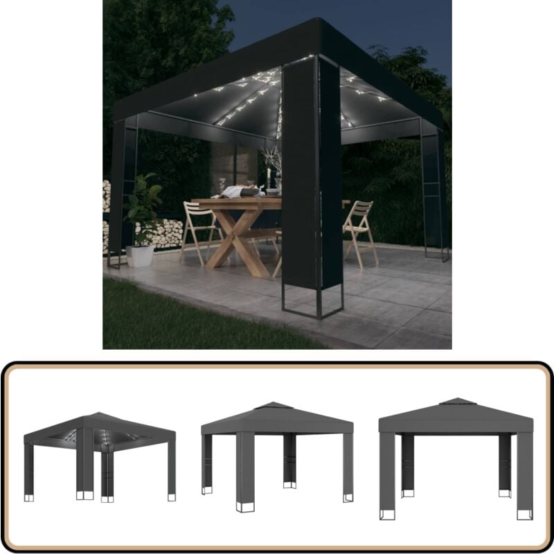 Pavillon mit Doppeldach & LED-Lichterkette 3x3 m Anthrazit - Pavillon - Gartenzelt - Outdoor Möbel - Sommergarten - Beleuchtung