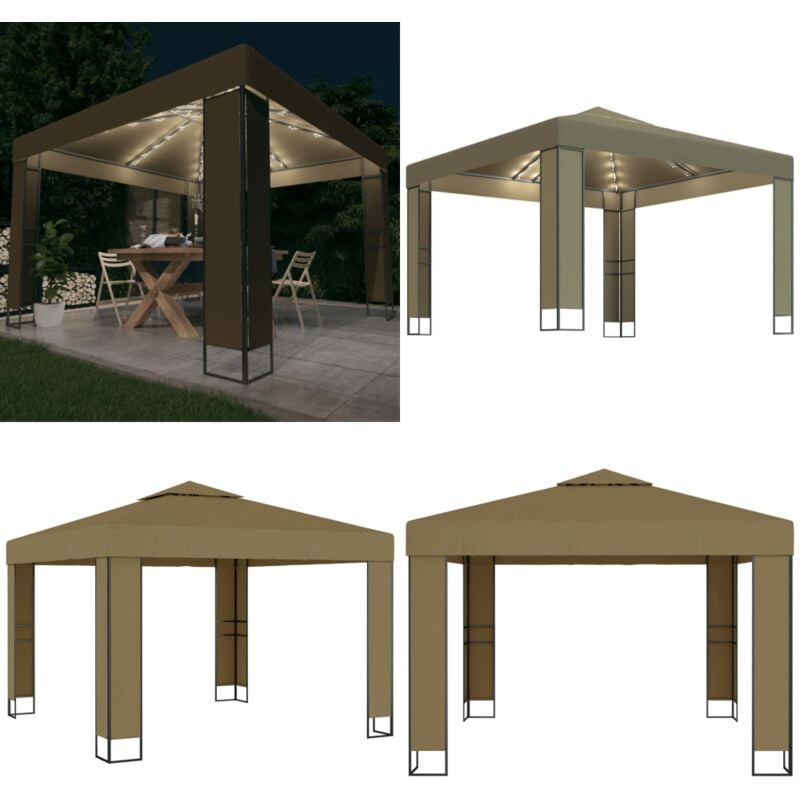 Vidaxl - Pavillon mit Doppeldach & LED-Lichterkette 3x3x2,7 m Taupe - Pavillon - Gartenpavillon - Sommergarten - Außengarten - Grillparty - Home &