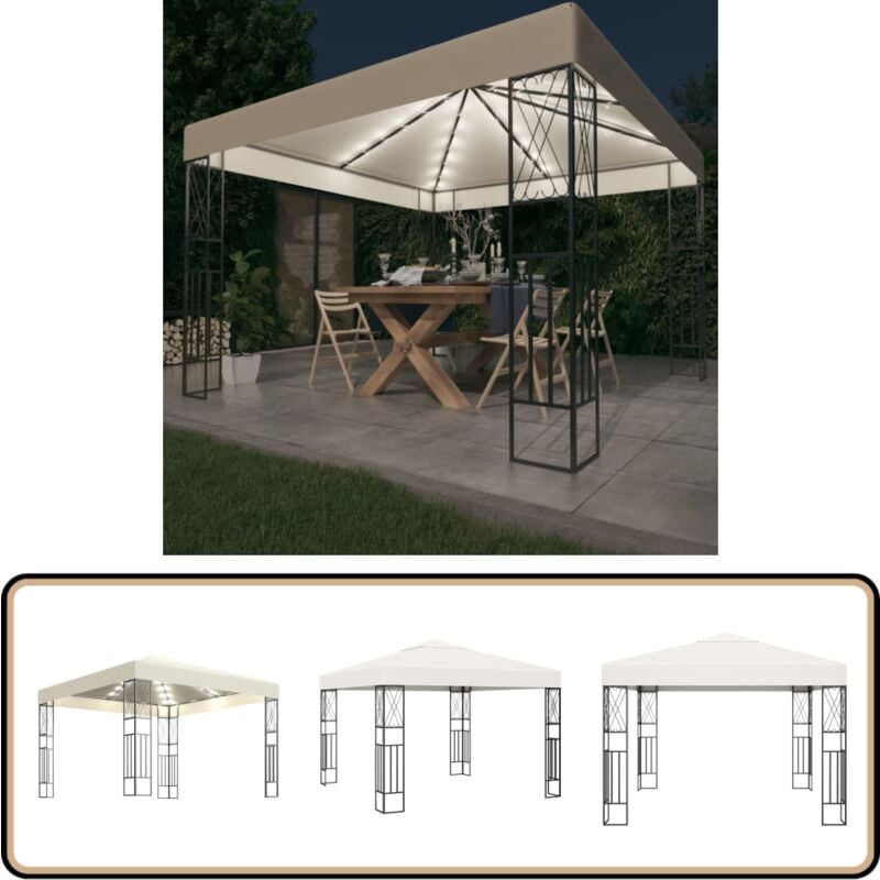 Pavillon mit LED-Lichterkette 3x3 m Creme Stoff - Gartenzelt - Sonnensegel - Outdoor Beleuchtung - Pavillon - Sommergarten