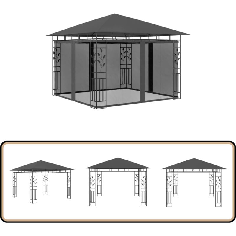 Pavillon mit Moskitonetz 3x3x2,73 m Anthrazit 180 g/m² - Pavillon - Gartenzelt - Sonnensegel - Outdoor Möbel - Gartenparty