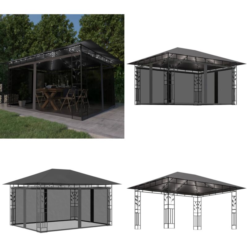 Vidaxl - Pavillon mit Moskitonetz & LED-Lichterkette 4x3x2,73m Anthrazit - Pavillon - Gartenpavillon - Sonnensegel - Outdoor Möbel - led Beleuchtung