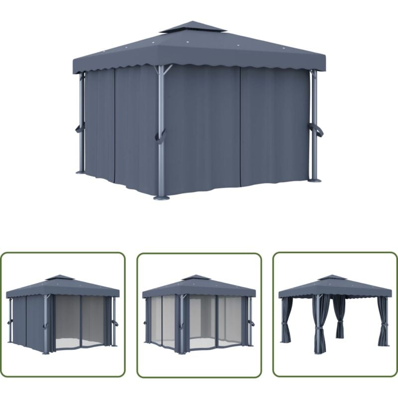 The Living Store Pavillon mit Vorhang 3x3 m Anthrazit Aluminium - Gartenzelt - Partyzelt - Pavillon - Outdoor Möbel - Sonnenschutz