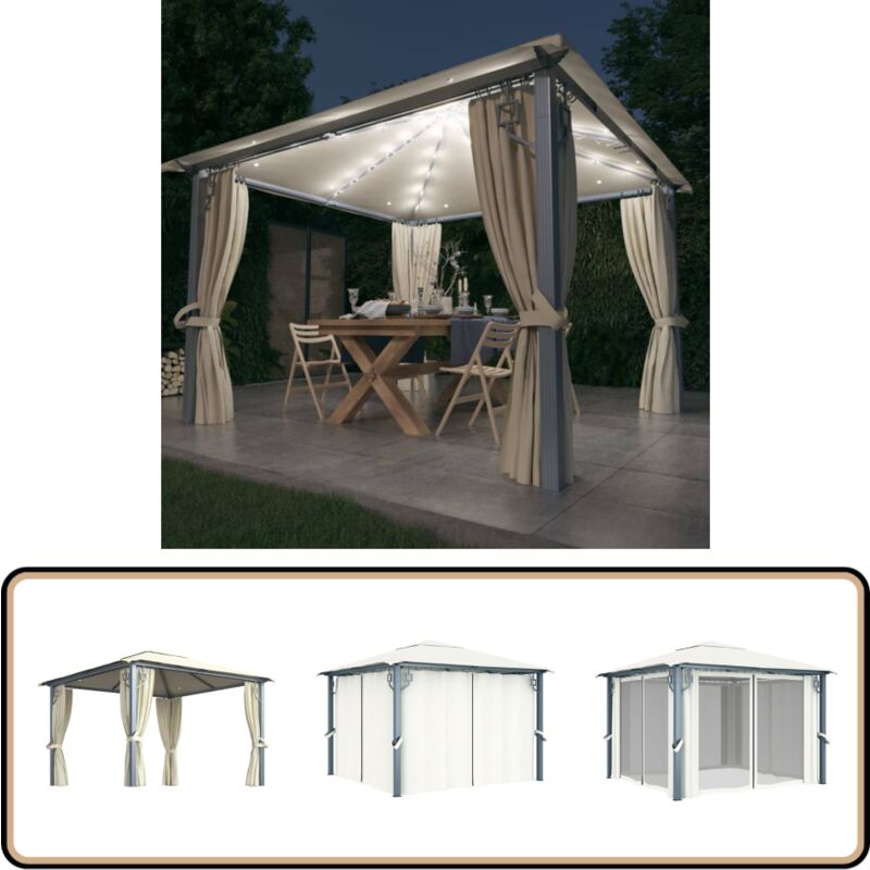 Vidaxl - Pavillon mit Vorhängen & LED-Lichterkette 300x300 cm Creme Alu - Pavillon - Gartenzelt - Sommergarten - Außenbereich - Beleuchtung