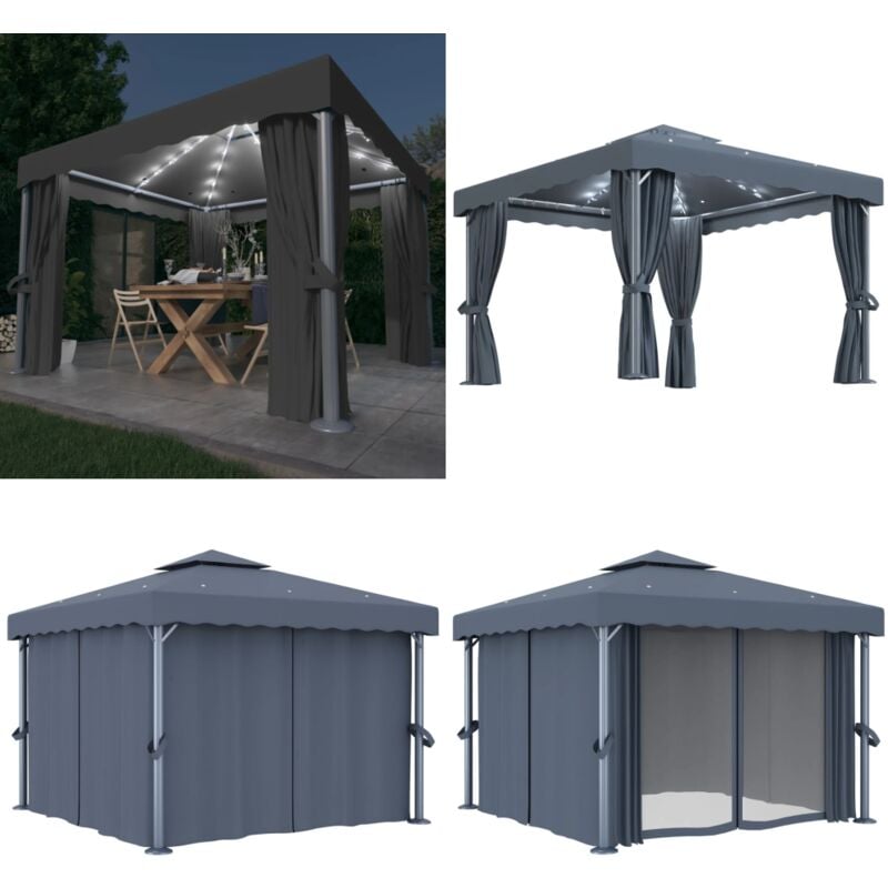 Vidaxl - Pavillon mit Vorhängen & LED-Lichterkette 3x3 m Anthrazit - Pavillon - Gartenzelt - Sonnenschutz - Outdoor Möbel - led Beleuchtung - Home &