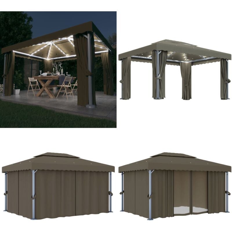 Vidaxl - Pavillon mit Vorhängen & LED-Lichterkette 4x3 m Taupe - Gartenpavillon - Outdoor Pavillon - Sonnenschutz - Gartendekoration - led