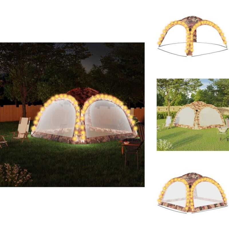 Partyzelt mit LED und 4 Seitenwänden 3,6x3,6x2,3 m Tarnfarben - Campingzelt - Partyzelt - Gartenzelt - Sonnenschutz - Überdachung