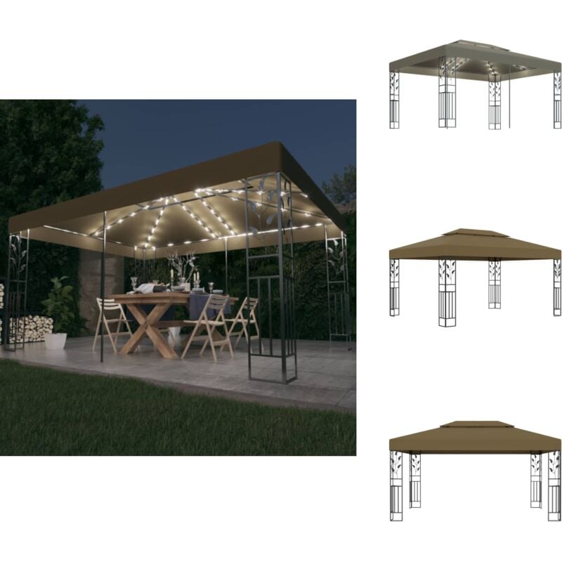 Pavillon mit Doppeldach & LED-Lichterkette 3x4 m Taupe - Pavillon - Gartenpavillon - Outdoor Möbel - Sommergarten - Grillparty