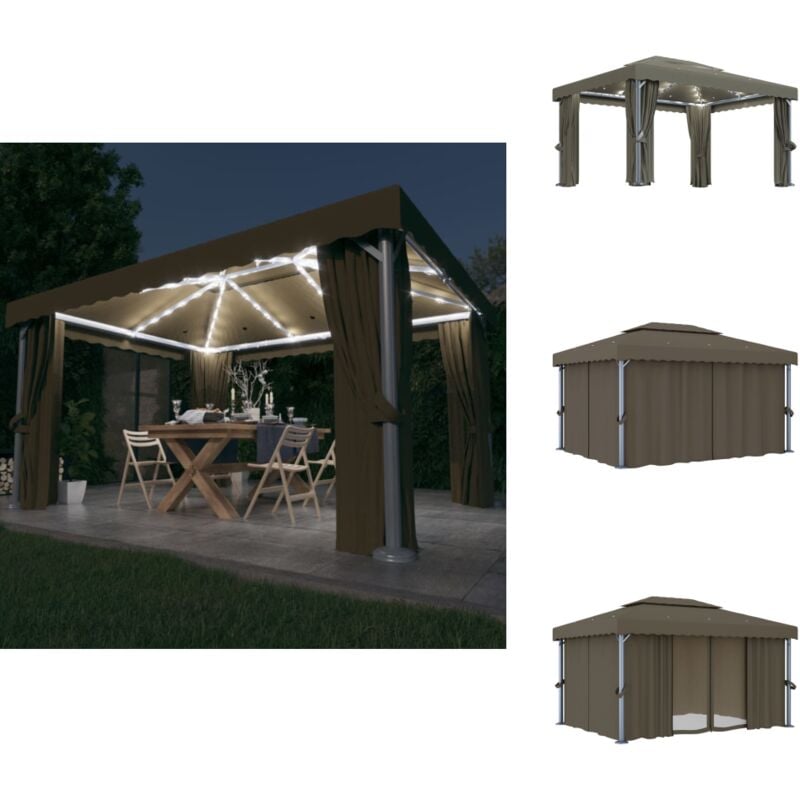 Vidaxl - Pavillon mit Vorhängen & LED-Lichterkette 4x3 m Taupe - Gartenpavillon - Outdoor Pavillon - Sonnenschutz - Gartendekoration - led Beleuchtung