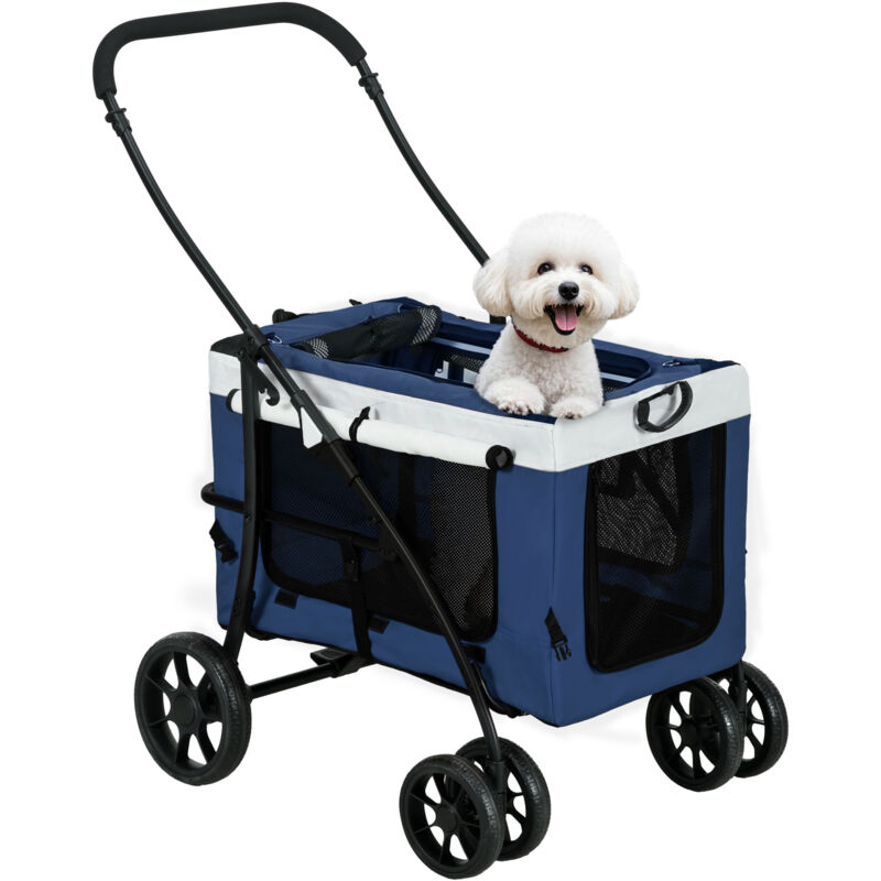 PawHut 2 in 1 Hundewagen Hundebuggy klappbar für Hunde & Katzen bis 10 kg Katzenbuggy mit Kissen Netzfenstern Türen Aufbewahrungskorb Katzenwagen