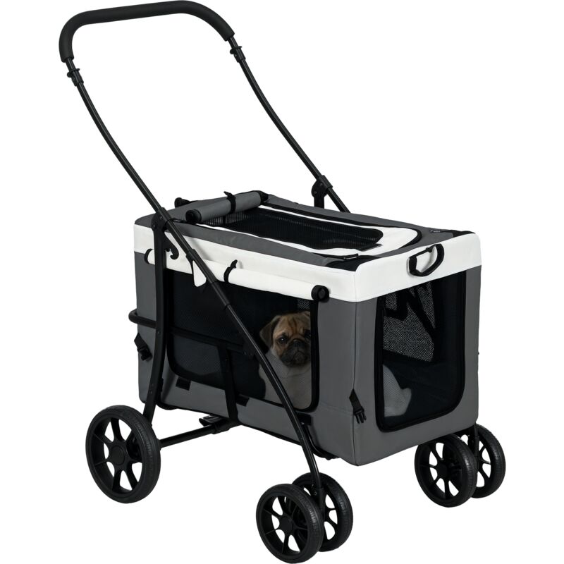 2 in 1 Hundewagen Hundebuggy klappbar für Hunde & Katzen bis 10 kg Katzenbuggy mit Kissen Netzfenstern Türen Aufbewahrungskorb Katzenwagen Buggy Grau