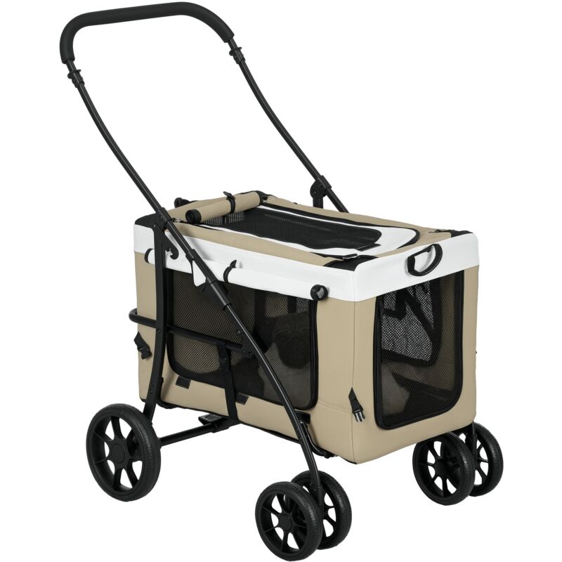 2 in 1 Hundewagen Hundebuggy klappbar für Hunde & Katzen bis 10 kg Katzenbuggy mit Kissen Netzfenstern Türen Aufbewahrungskorb Katzenwagen Buggy