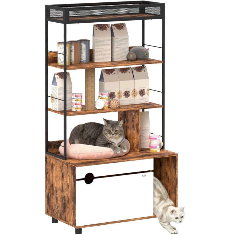 PawHut 2-in-1 Katzenklo Schrank, Katzenklo mit 3-Ebenen-Regal, Kratzpfosten, Klapptür, Katzenhaus für Katze unter 6 kg, 80 x 48 x 152 cm,