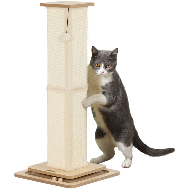 Pawhut - 3-in-1 Kratzstamm, 87cm Kratzsäule, Sisal-Katzenkratzbaum mit Spielball, Kratzbaum für Katzen, Katzen Kratzmöbel, Indoor, Eiche